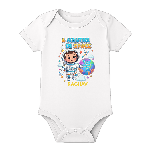 Six Months Baby Celebration Onesie Custom Name - WHITE - 0 - 3 Months (Chest 18")