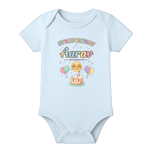 Half Birthday Custom Name Baby Bodysuit - BABY SKY - 0 - 3 Months (Chest 18")