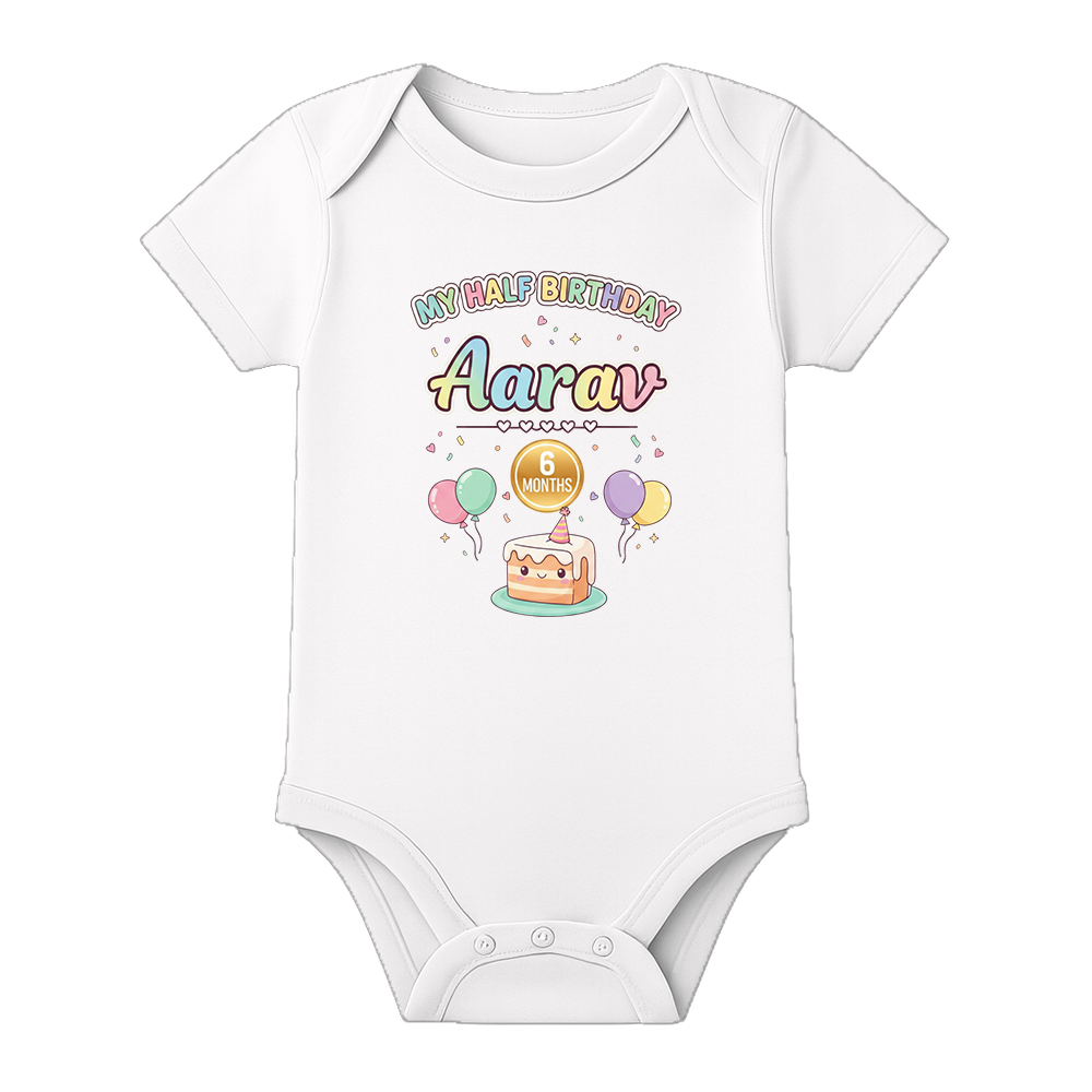 Half Birthday Custom Name Baby Bodysuit - WHITE - 0 - 3 Months (Chest 18")