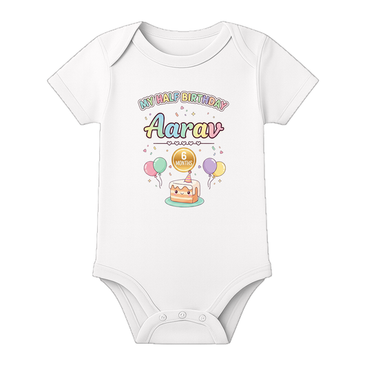 Half Birthday Custom Name Baby Bodysuit - WHITE - 0 - 3 Months (Chest 18")