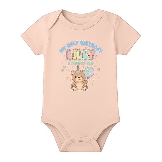 Half Birthday Party Romper Custom Baby Outfit - BABY PEACH - 0 - 3 Months (Chest 18")