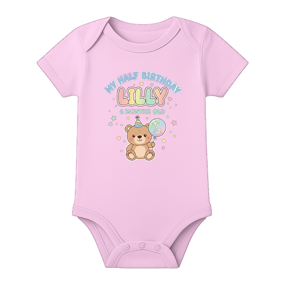 Half Birthday Party Romper Custom Baby Outfit - BABY PINK - 0 - 3 Months (Chest 18")