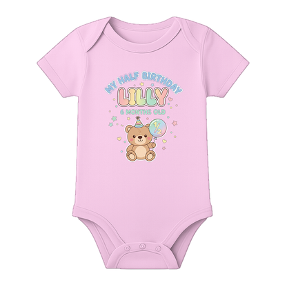 Half Birthday Party Romper Custom Baby Outfit - BABY PINK - 0 - 3 Months (Chest 18")