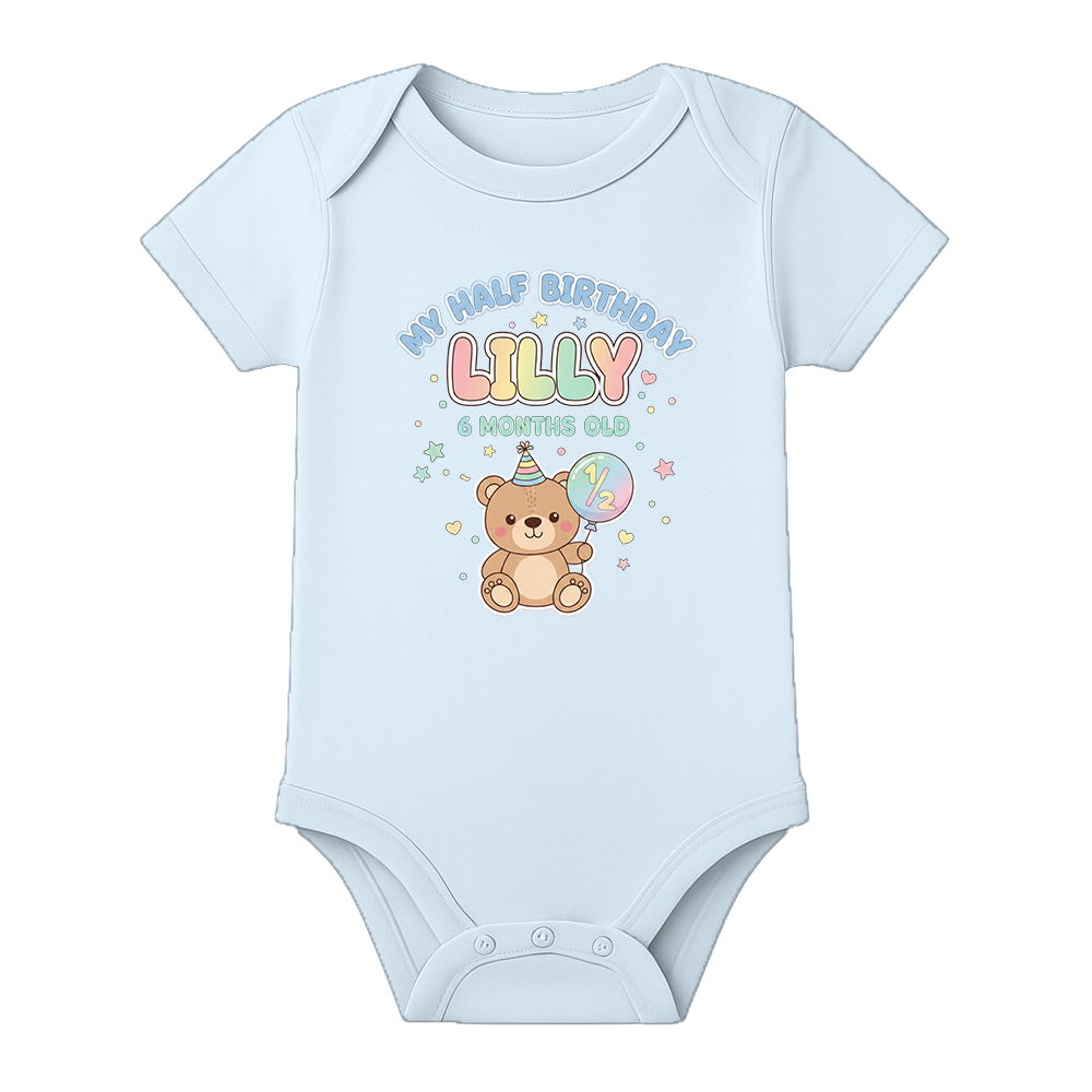 Half Birthday Party Romper Custom Baby Outfit - BABY SKY - 0 - 3 Months (Chest 18")