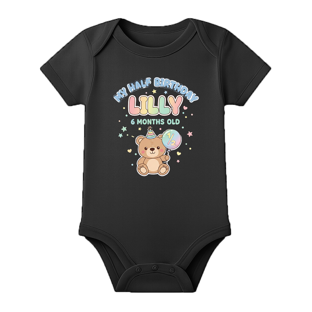 Half Birthday Party Romper Custom Baby Outfit - BLACK - 0 - 3 Months (Chest 18")