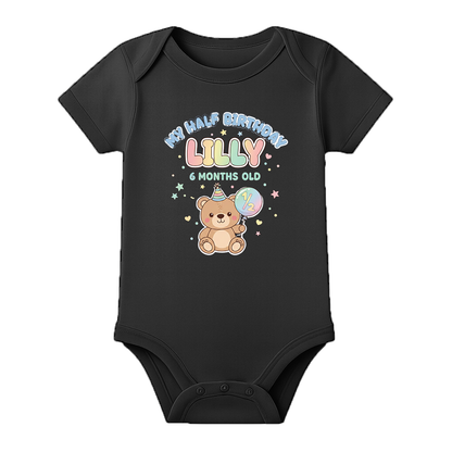 Half Birthday Party Romper Custom Baby Outfit - BLACK - 0 - 3 Months (Chest 18")