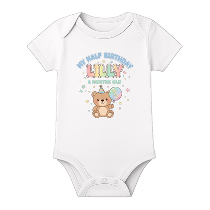 Half Birthday Party Romper Custom Baby Outfit - WHITE - 0 - 3 Months (Chest 18")