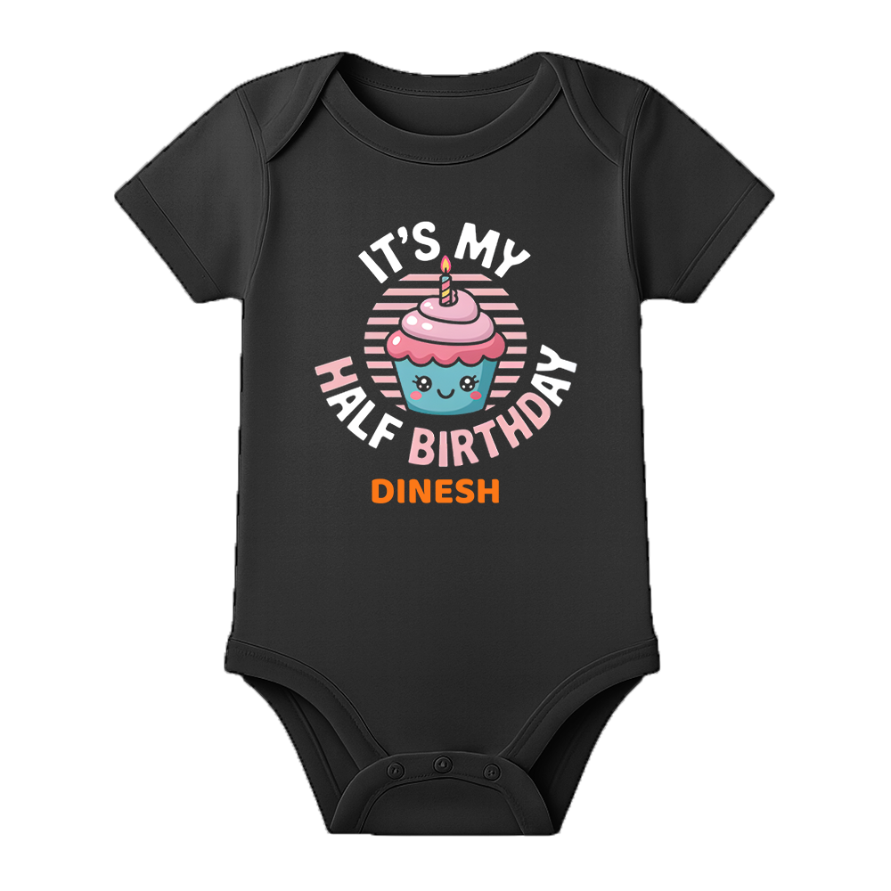Half Birthday Cake Smash Romper Personalized - BLACK - 0 - 3 Months (Chest 18")