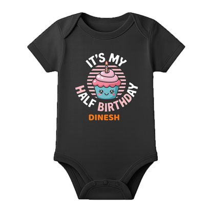 Half Birthday Cake Smash Romper Personalized - BLACK - 0 - 3 Months (Chest 18")