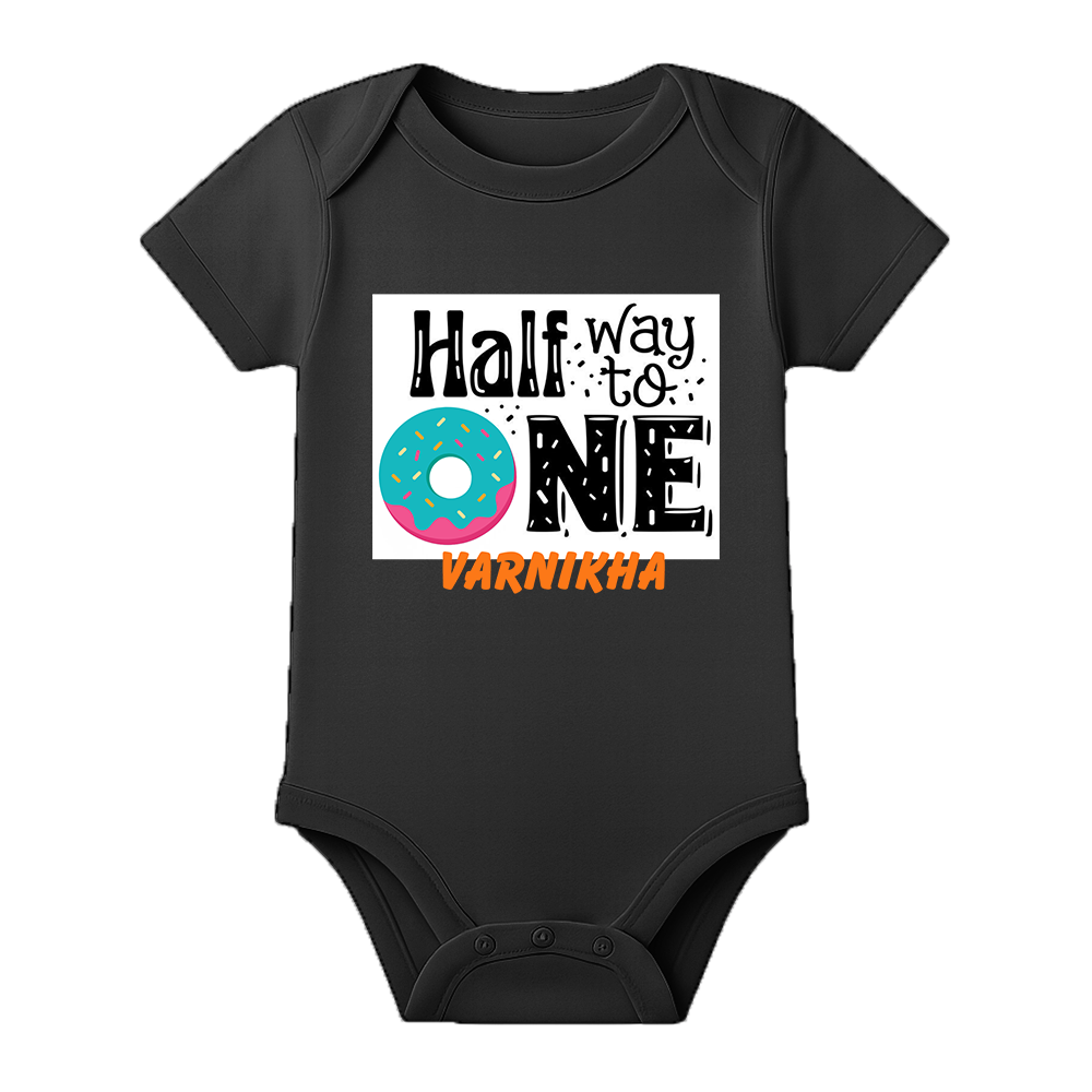 Half Birthday Custom Cotton Romper for Infant - BLACK - 0 - 3 Months (Chest 18")