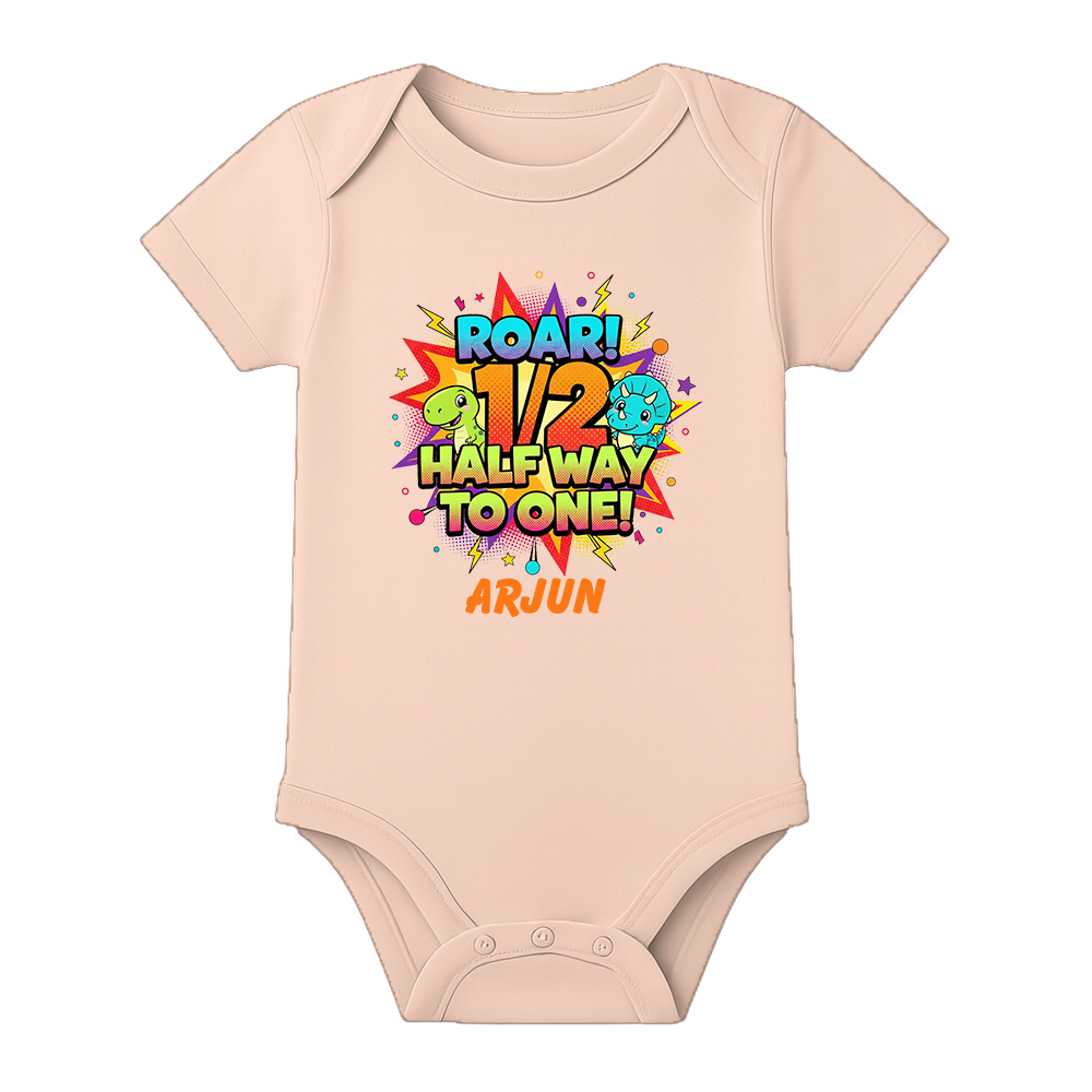 Half Birthday Baby Boy Onesie Custom Name - BABY PEACH - 0 - 3 Months (Chest 18")