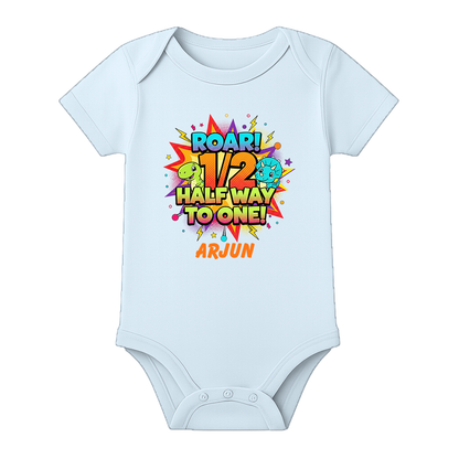 Half Birthday Baby Boy Onesie Custom Name - BABY SKY - 0 - 3 Months (Chest 18")