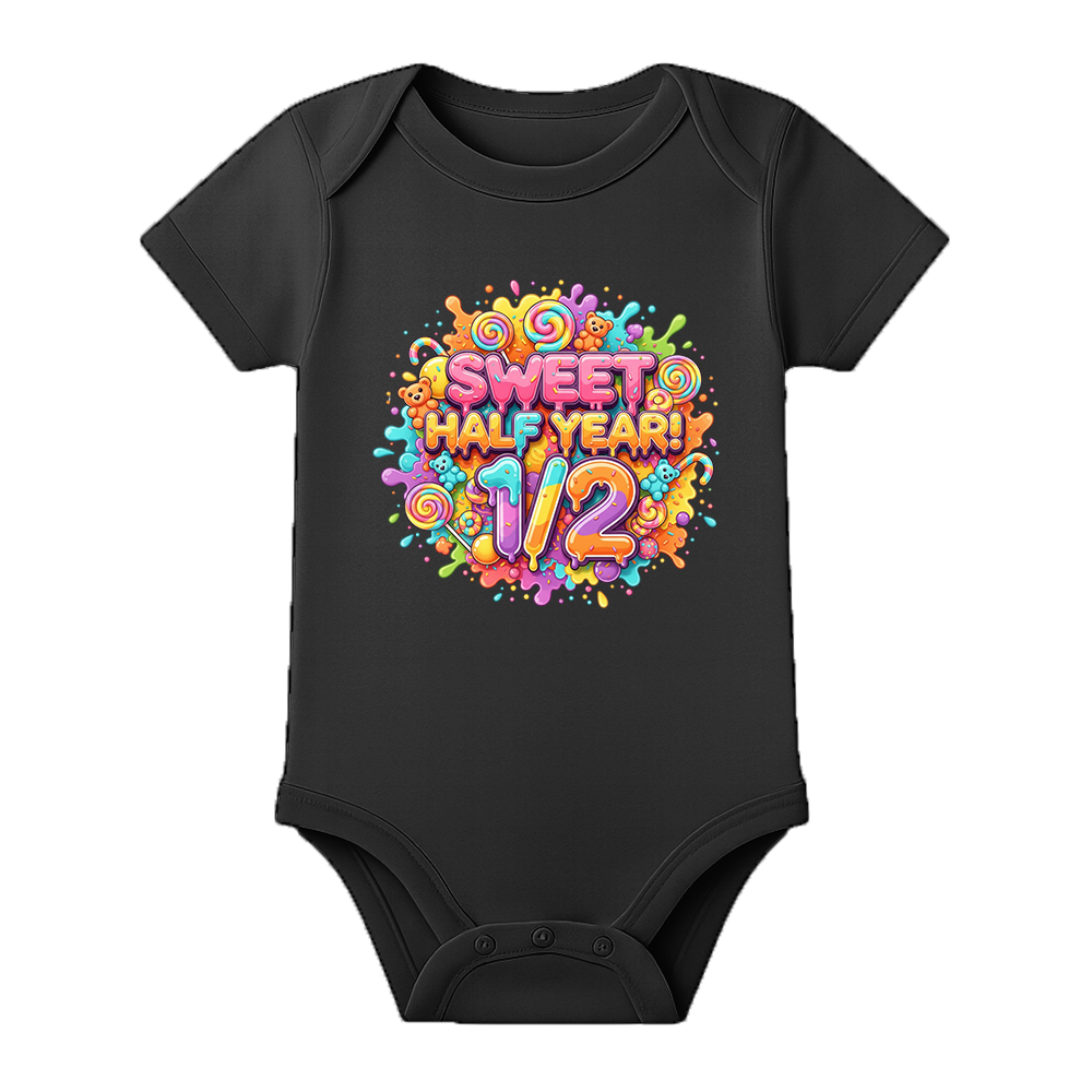 Half Birthday Memory Keepsake Onesie Personalized - BLACK - 0 - 3 Months (Chest 18")
