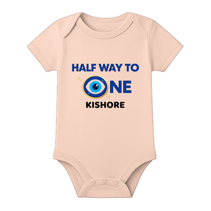 Half Birthday Theme Baby Romper with Name - BABY PEACH - 0 - 3 Months (Chest 18")
