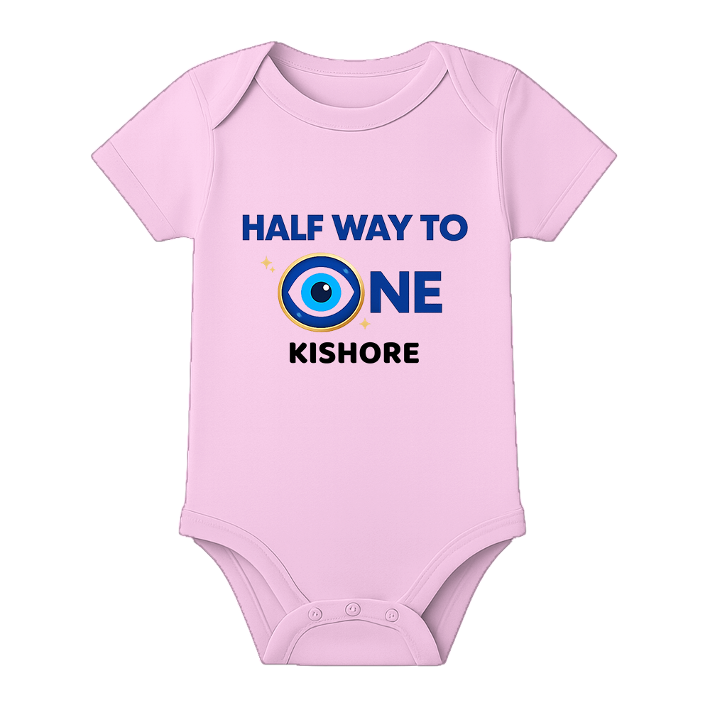 Half Birthday Theme Baby Romper with Name - BABY PINK - 0 - 3 Months (Chest 18")