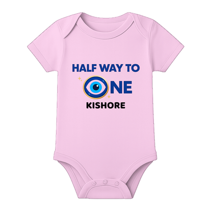 Half Birthday Theme Baby Romper with Name - BABY PINK - 0 - 3 Months (Chest 18")