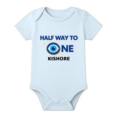 Half Birthday Theme Baby Romper with Name - BABY SKY - 0 - 3 Months (Chest 18")
