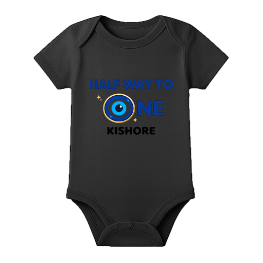 Half Birthday Theme Baby Romper with Name - BLACK - 0 - 3 Months (Chest 18")