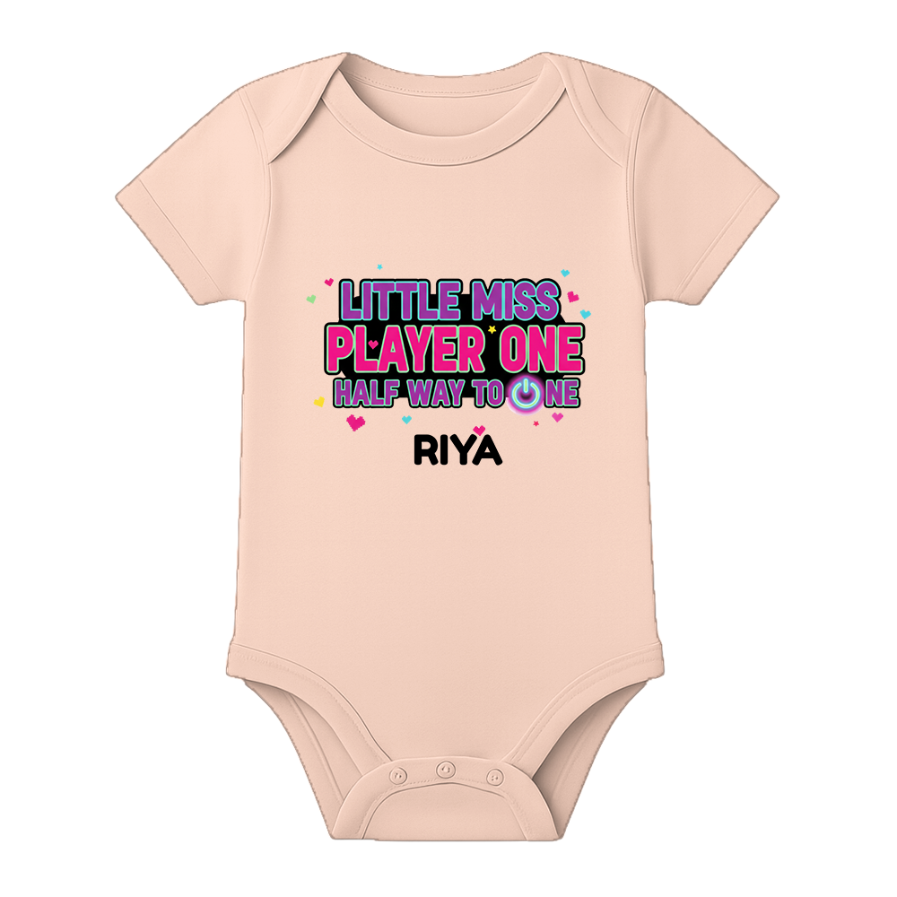 Six Month Birthday Baby Bodysuit Custom Name - BABY PEACH - 0 - 3 Months (Chest 18")