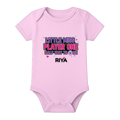 Six Month Birthday Baby Bodysuit Custom Name - BABY PINK - 0 - 3 Months (Chest 18")