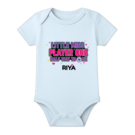 Six Month Birthday Baby Bodysuit Custom Name - BABY SKY - 0 - 3 Months (Chest 18")