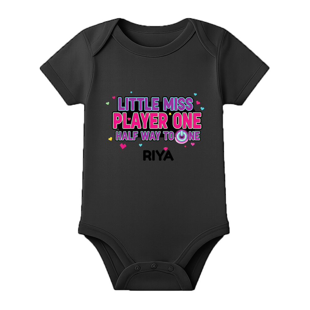 Six Month Birthday Baby Bodysuit Custom Name - BLACK - 0 - 3 Months (Chest 18")