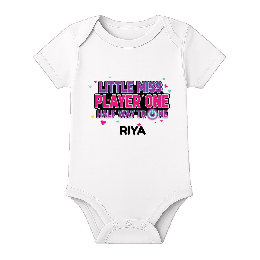 Six Month Birthday Baby Bodysuit Custom Name - WHITE - 0 - 3 Months (Chest 18")