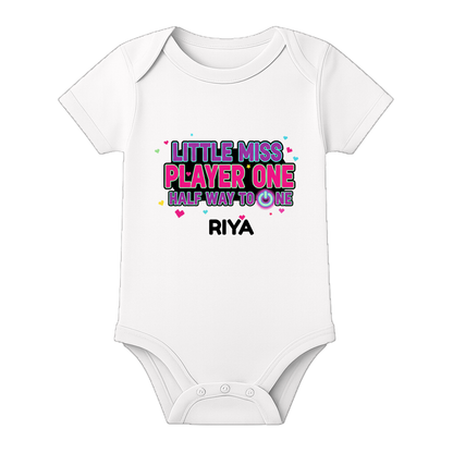Six Month Birthday Baby Bodysuit Custom Name - WHITE - 0 - 3 Months (Chest 18")