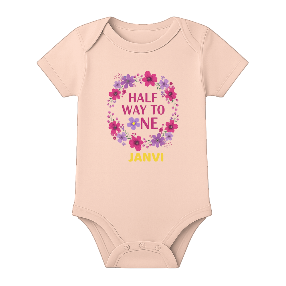Half Birthday Custom Name Romper Premium Cotton - BABY PEACH - 0 - 3 Months (Chest 18")