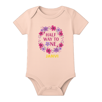 Half Birthday Custom Name Romper Premium Cotton - BABY PEACH - 0 - 3 Months (Chest 18")