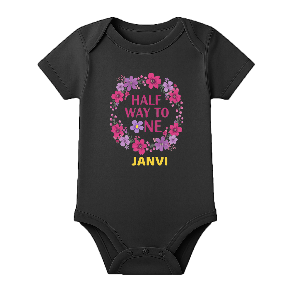 Half Birthday Custom Name Romper Premium Cotton - BLACK - 0 - 3 Months (Chest 18")