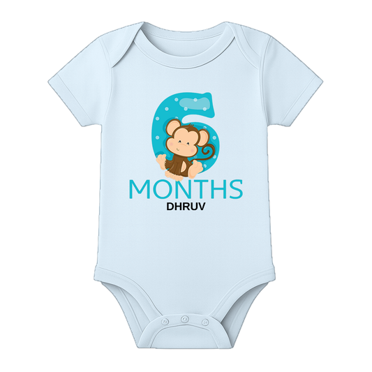 Six Month Birthday Party Romper with Name - BABY SKY - 0 - 3 Months (Chest 18")