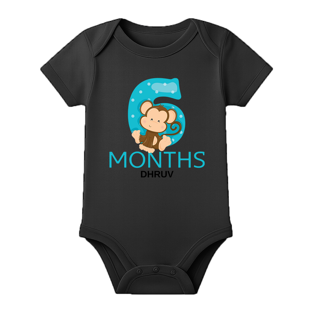 Six Month Birthday Party Romper with Name - BLACK - 0 - 3 Months (Chest 18")