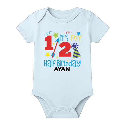 Half Birthday Baby Gift Personalized Romper - BABY SKY - 0 - 3 Months (Chest 18")