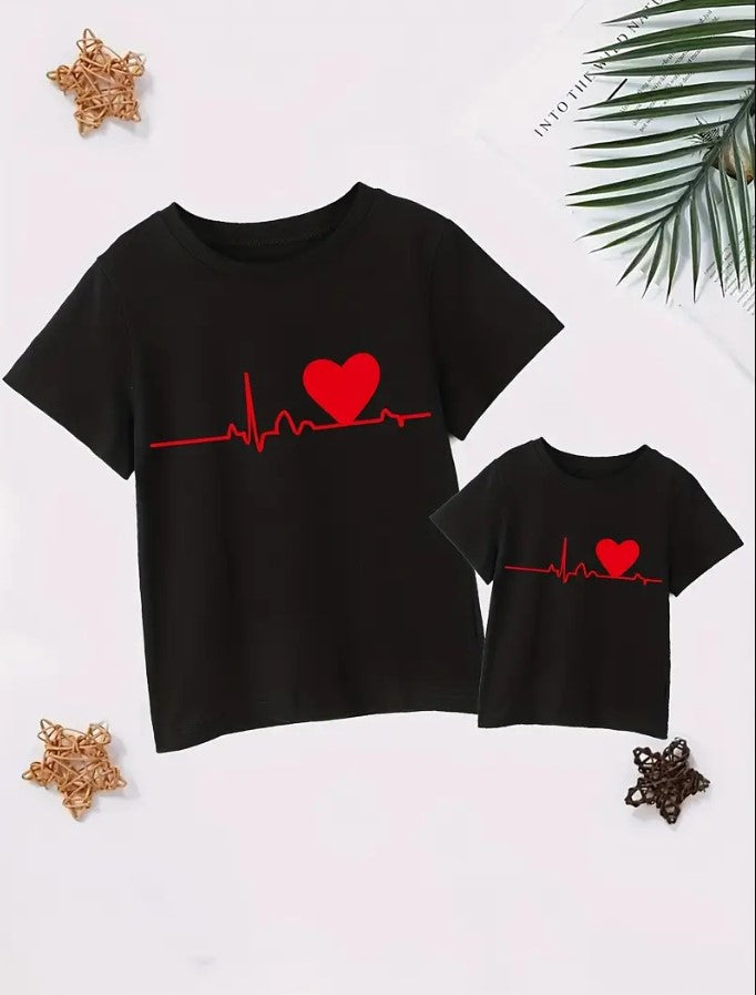 Mom and Kids Matching Black t-shirts with Heart beat design