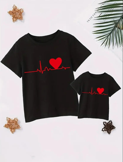 Mom and Kids Matching Black t-shirts with Heart beat design