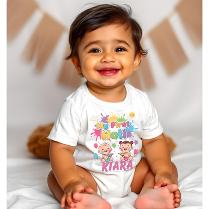 Holi Baby Romper – My First Holi Special Cotton Outfit - WHITE - 0 - 3 Months (Chest 18")