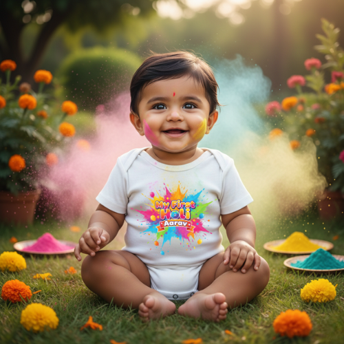 Holi Romper for Baby Boy – Bura Na Mano Holi Hai Print - WHITE - 0 - 3 Months (Chest 18")