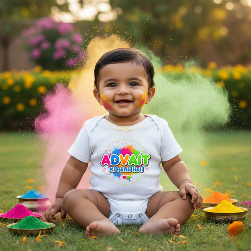 Holi Romper for Baby Girl – Cute Rang Barse Design - WHITE - 0 - 3 Months (Chest 18")