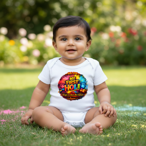 Baby Holi Dress – Color Splash Printed Romper - WHITE - 0 - 3 Months (Chest 18")
