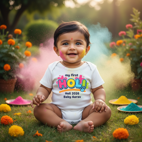 Holi Outfit for Baby – Custom Name Romper India - WHITE - 0 - 3 Months (Chest 18")