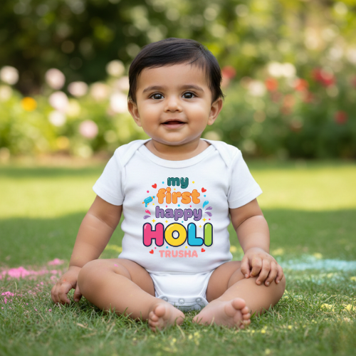 Holi Newborn Outfit – First Holi Celebration Romper - WHITE - 0 - 3 Months (Chest 18")
