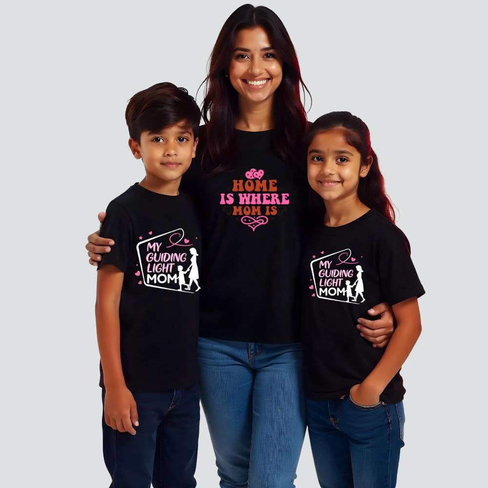 Mom and Kid Matching Black t-shirts with the text 'HOME IS WHERE MOM IS, MY GUIDING LIGHT MOM' printed on the front.