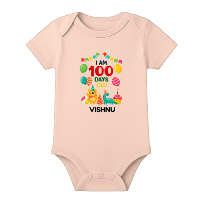 Custom 100 Days Baby Romper with Name Print - BABY PEACH - 0 - 3 Months (Chest 18")