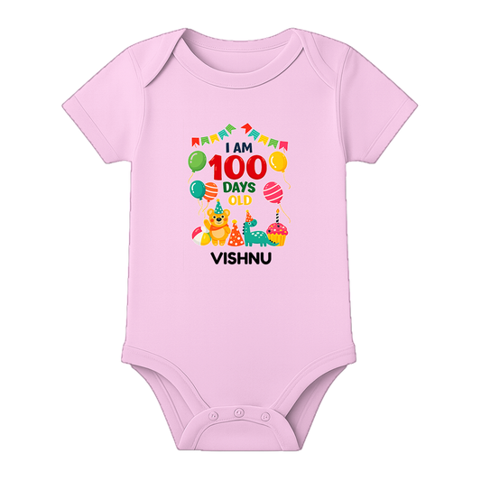 Custom 100 Days Baby Romper with Name Print - BABY PINK - 0 - 3 Months (Chest 18")