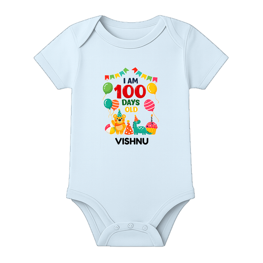 Custom 100 Days Baby Romper with Name Print - BABY SKY - 0 - 3 Months (Chest 18")