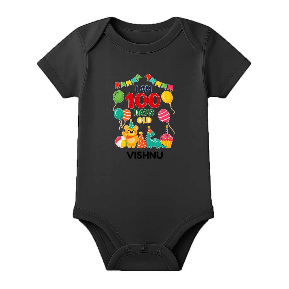 Custom 100 Days Baby Romper with Name Print - BLACK - 0 - 3 Months (Chest 18")