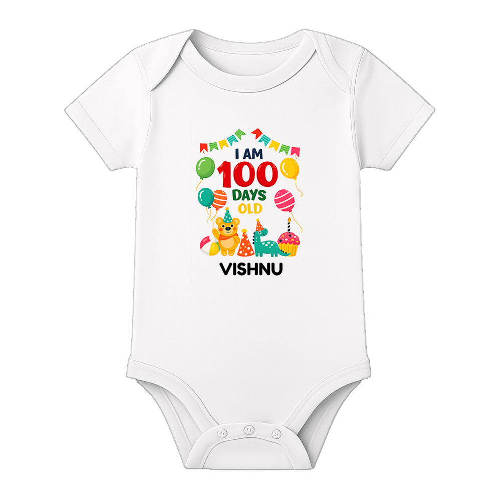 Custom 100 Days Baby Romper with Name Print - WHITE - 0 - 3 Months (Chest 18")