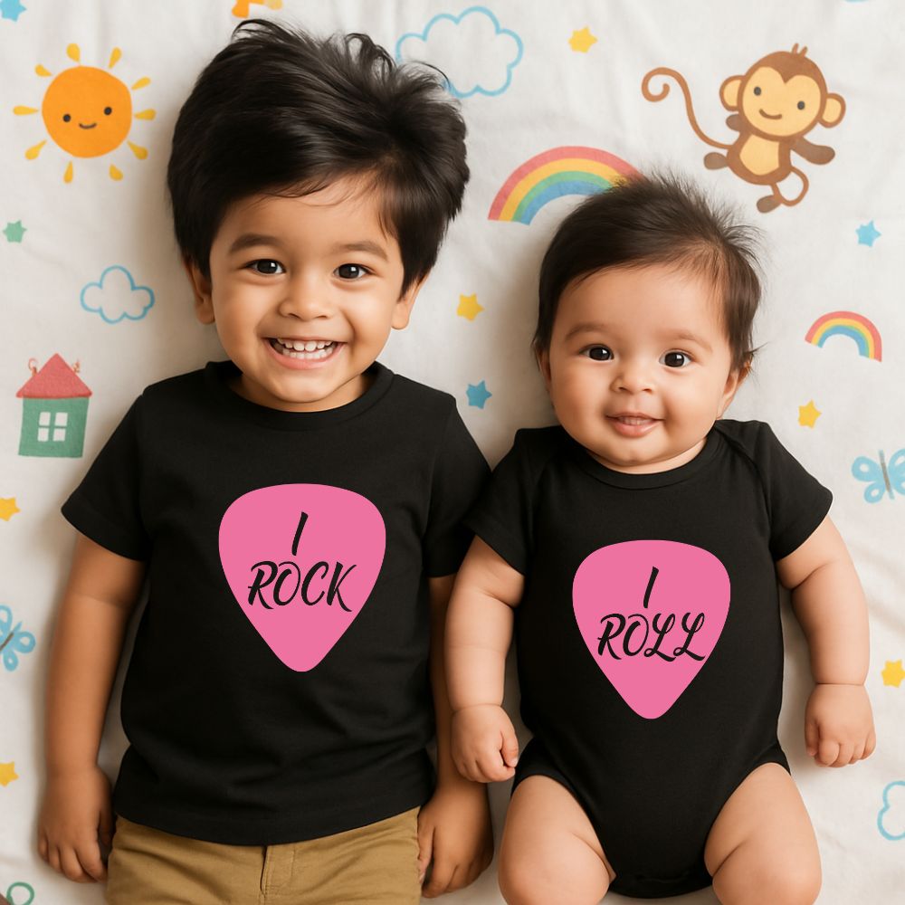"I Rock" TShirt and "I Roll" Baby Romper Black Siblings Set