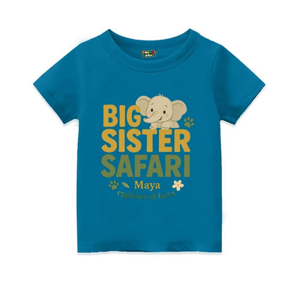 Indigo t-shirt with 'Big Sister Safari' text and elephant graphic